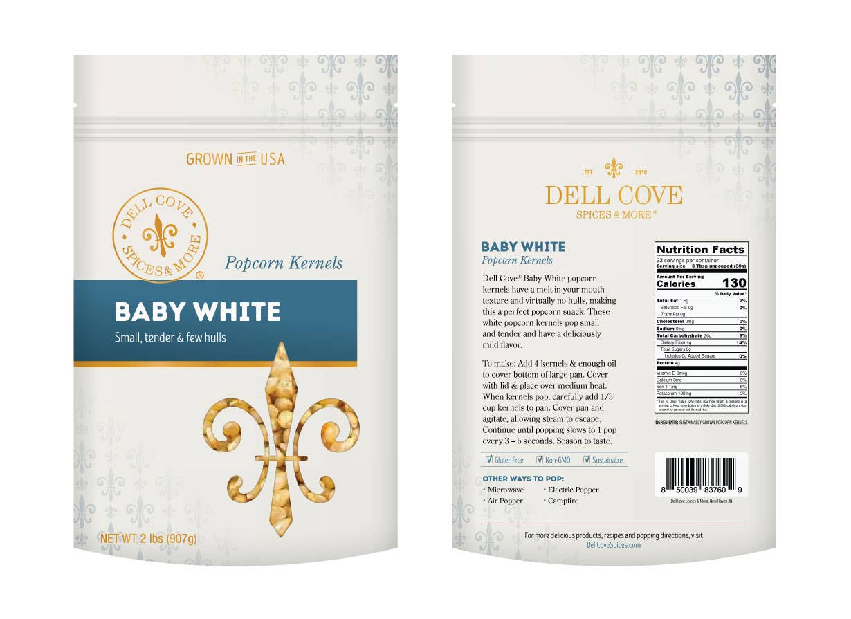 Popcorn Kernels - Baby White 2 Pound Bag - Hulless Pop Corn